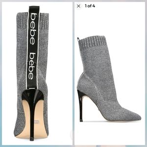 NEW  WITH BOX BEBE Gray Knit Sock Boot Logo Discover Stiletto Slip On Booties 9M